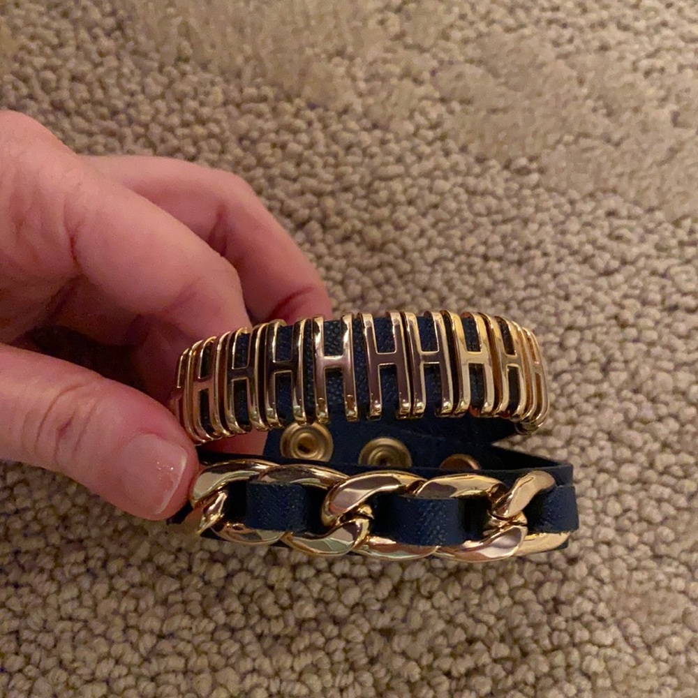 Navy leather and gold chain link wrap bracelet